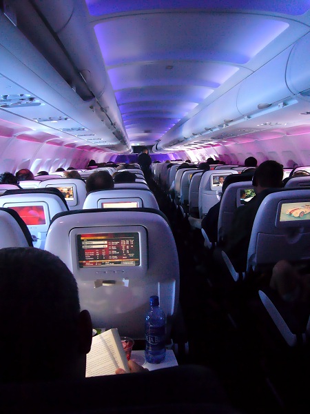  This Virgin America Airbus A320 is an example of a narrow-body passenger cabin. 